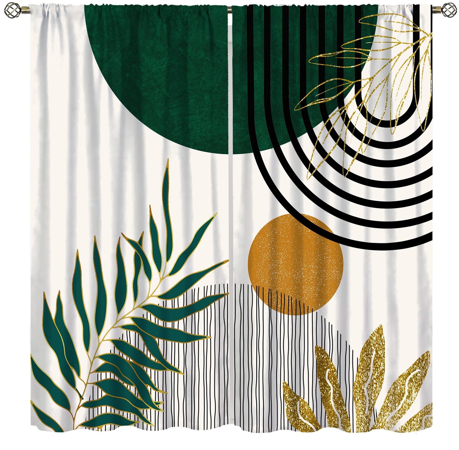 Boho Leaves Curtains, Minimalist Mid-Century Abstract Geometric Sun Gold Gree…