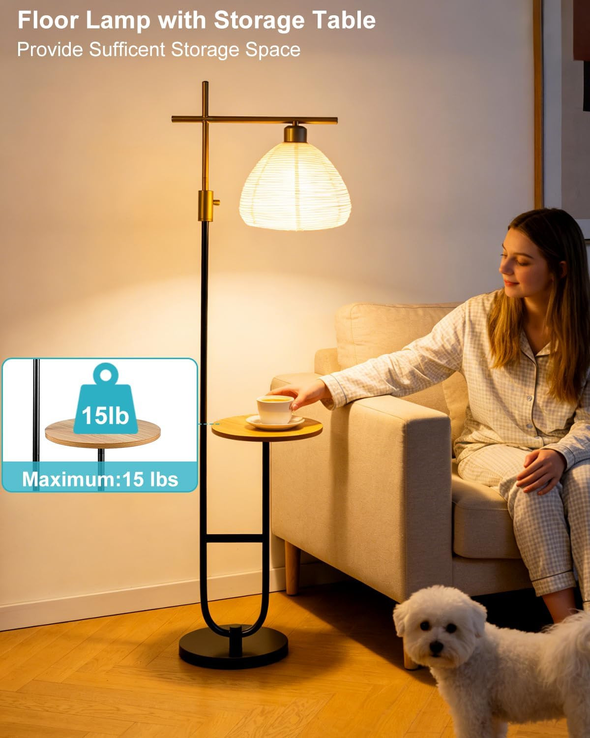 Gold & Black Dimmable Floor Lamp with Storage Table for Living Room/Bedroom