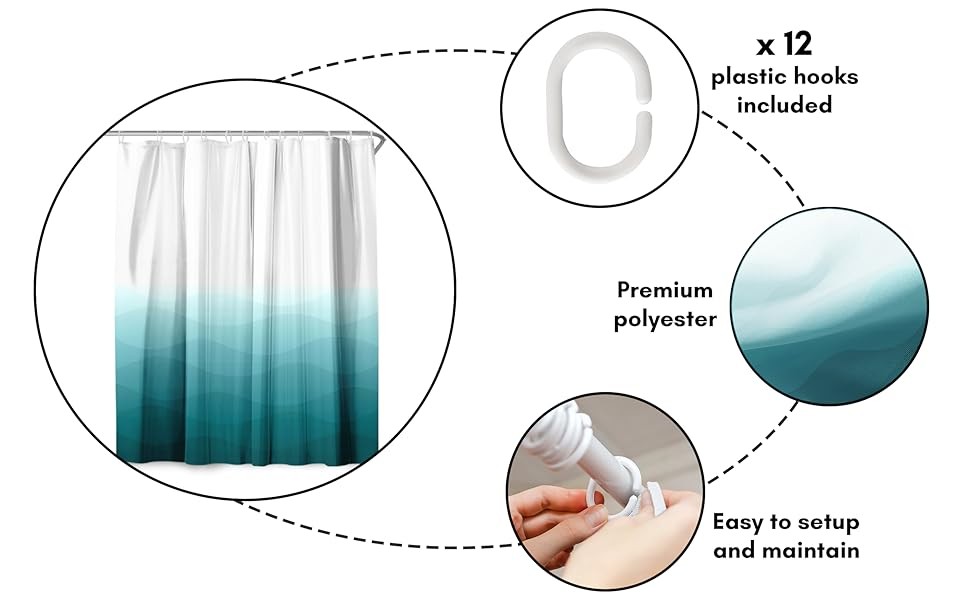 71×74 Wave Blue Ombre Shower Curtain – Water-Resistant Long Shower Curtain with