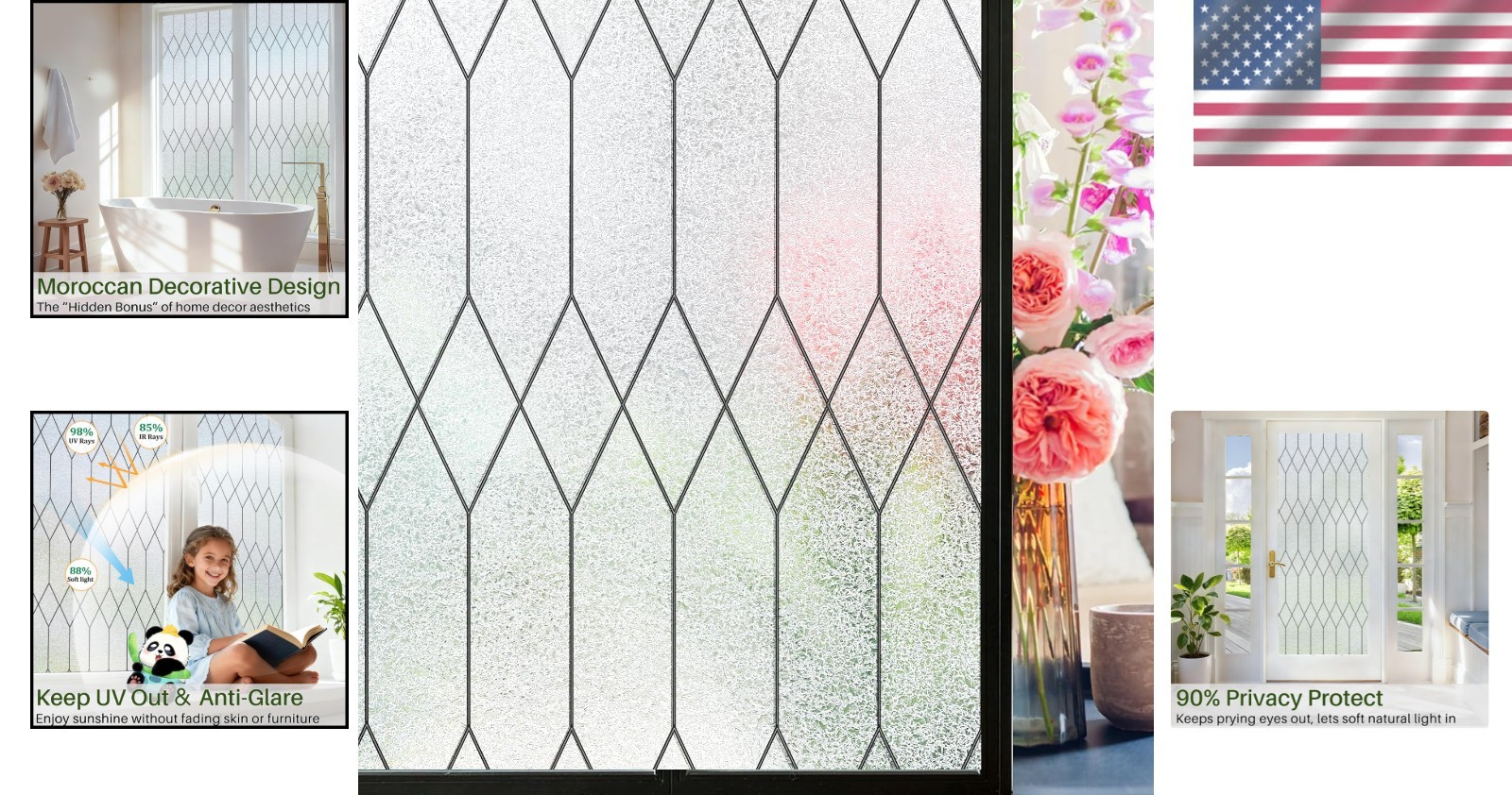 Stained Glass Window Privacy Film Frosted Static Cling UV Block 17.5×78.8
