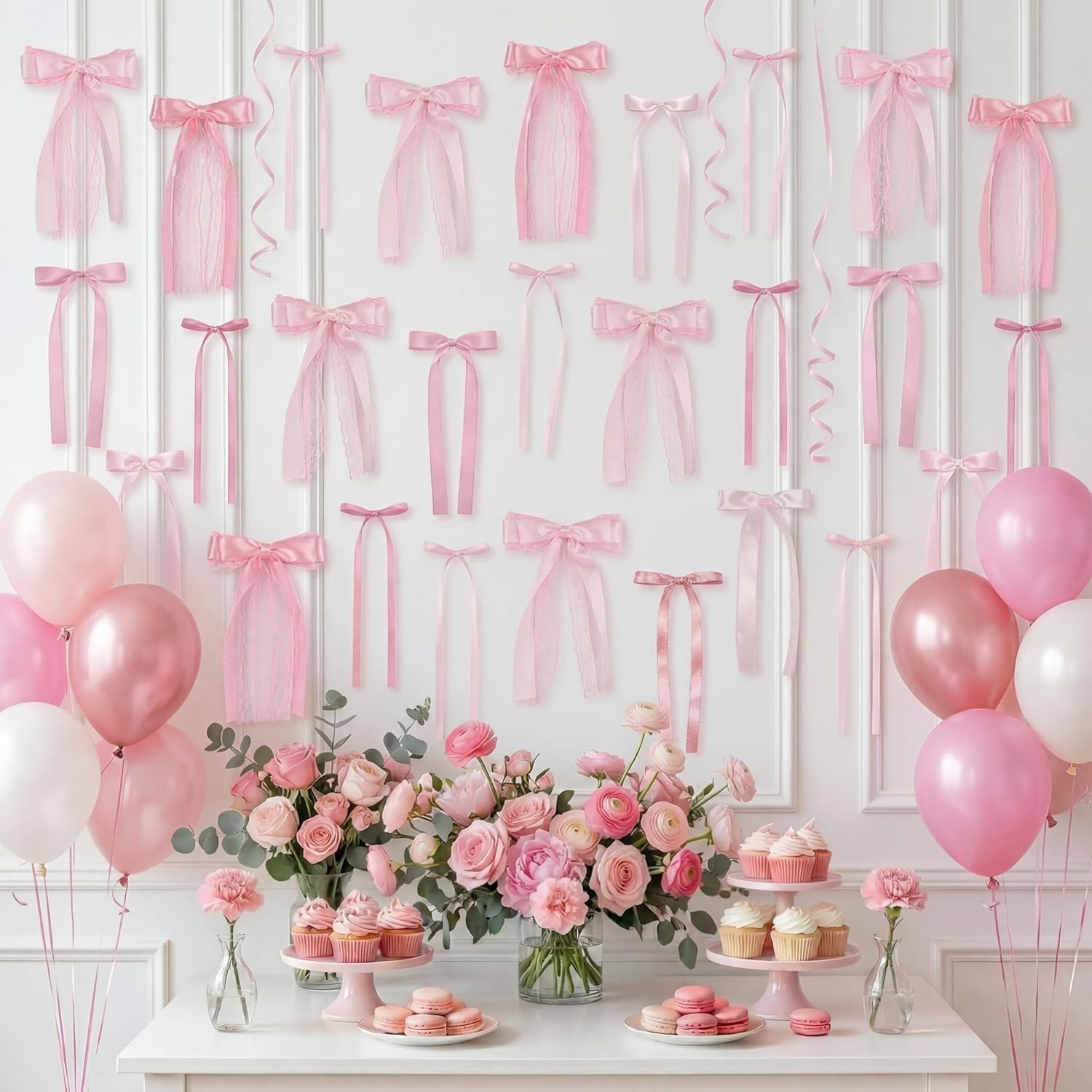 45Pcs Pink Lace Bow Wall Decor, 4 Styles Satin Bows Garland, DIY Bow Photo Ba…
