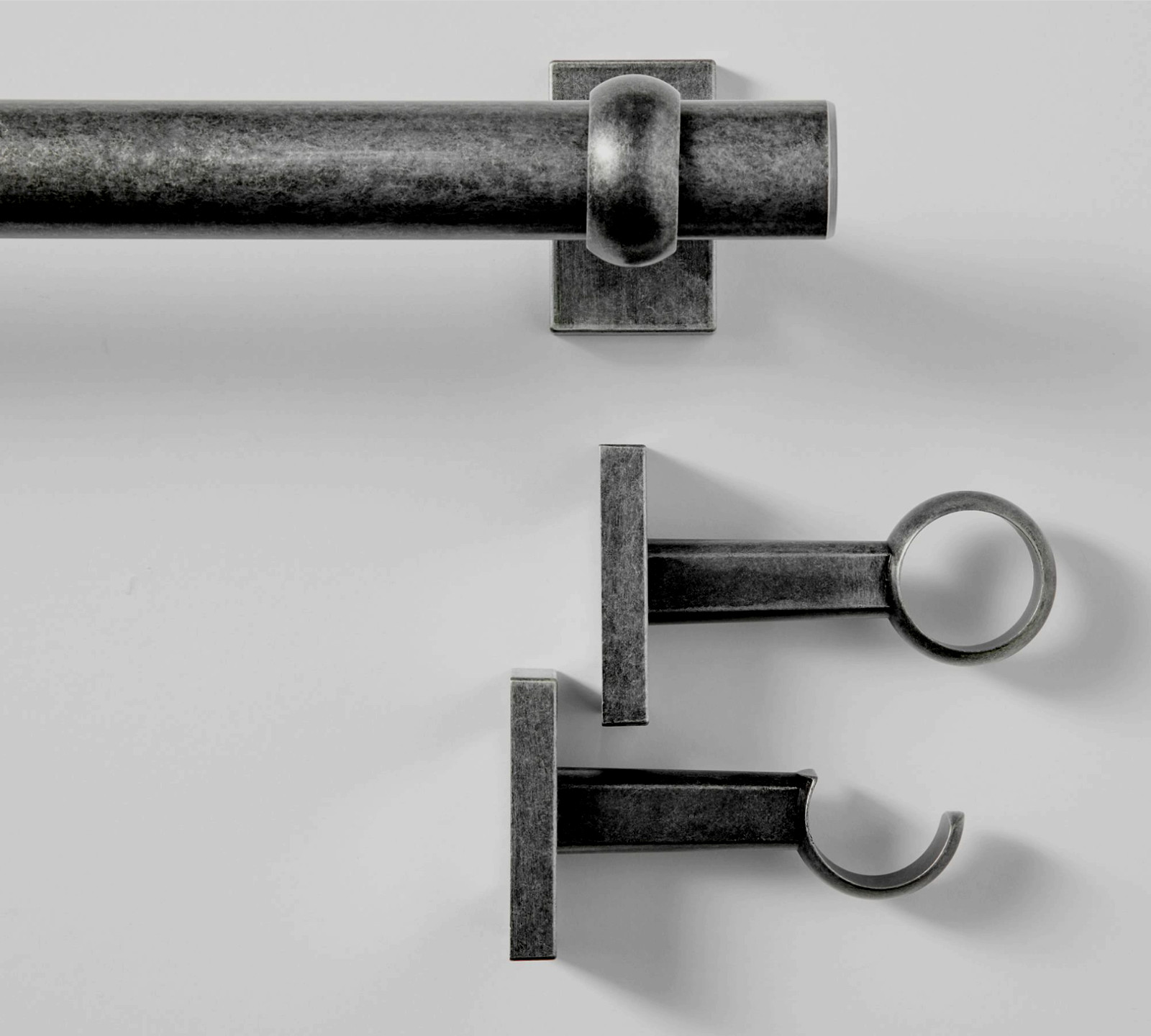 Pottery Barn Cast Iron Curtain Rod & Wall Bracket Pewter 48″-88″ .75″ diam [NEW]