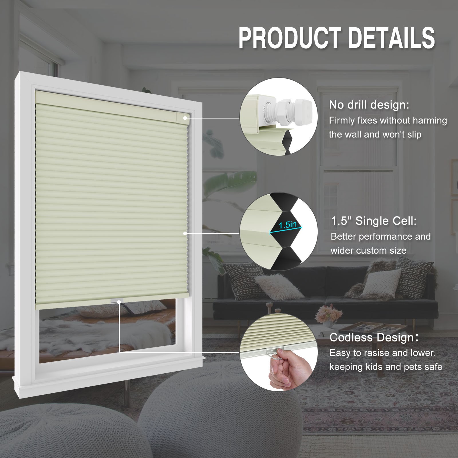 Blackout No Drill No Tools Cordless 1.5” Cellular Shades Honeycombs for Window