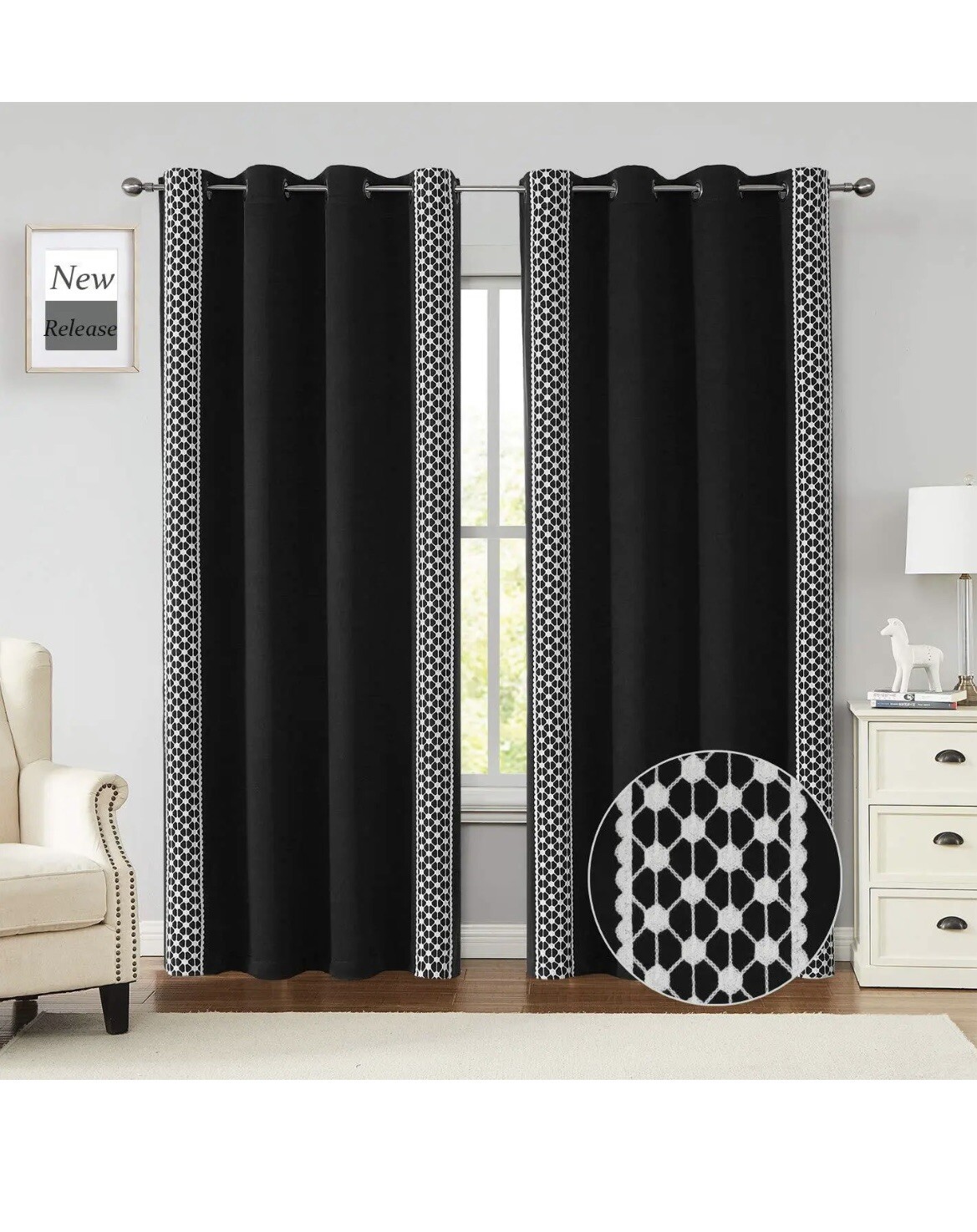 Jubilantex White and Black 100% Light Blocking Blackout Curtains 2Panels84”Long