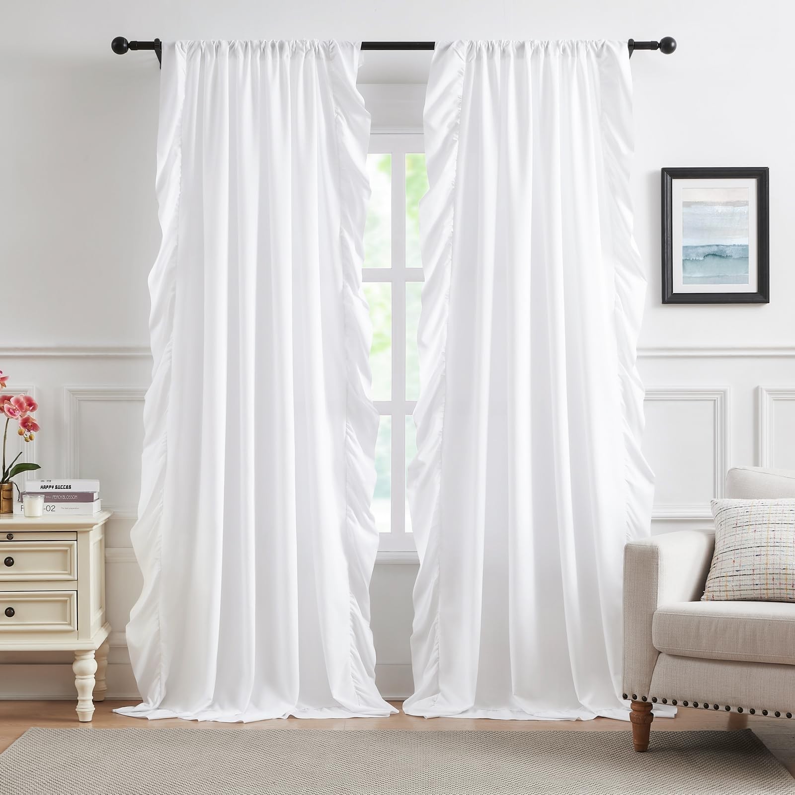 White Ruffle Curtains 72 Inches Long 2 Panels Set for Bedroom Living Room Rod…