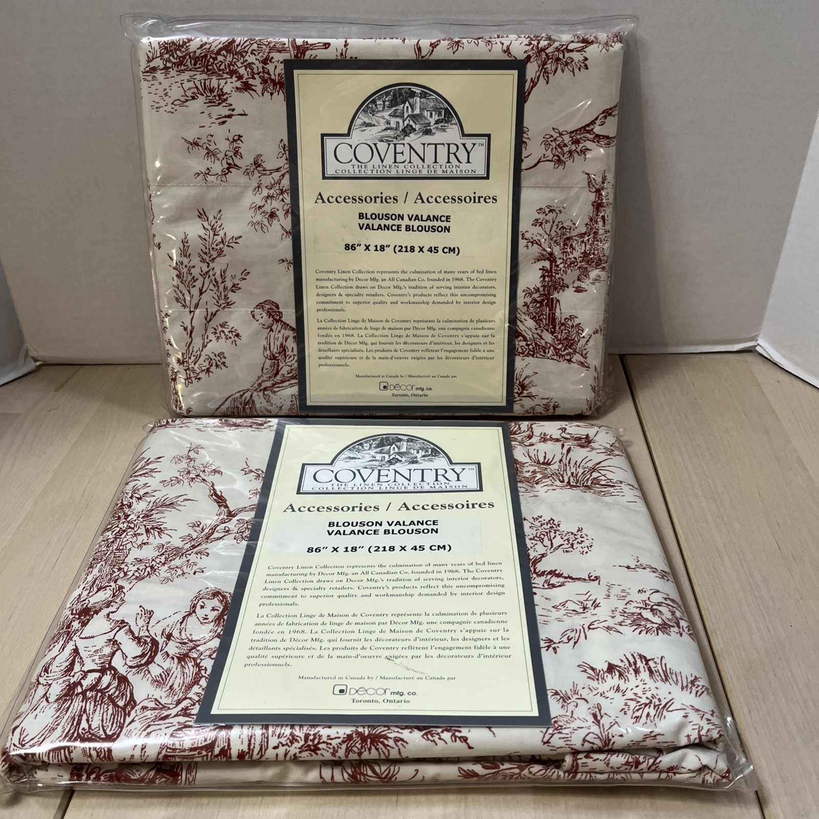 Lot of 2 NEW 2001 Red Toile Valances by Coventry 86” x 18” Cotton Blend
