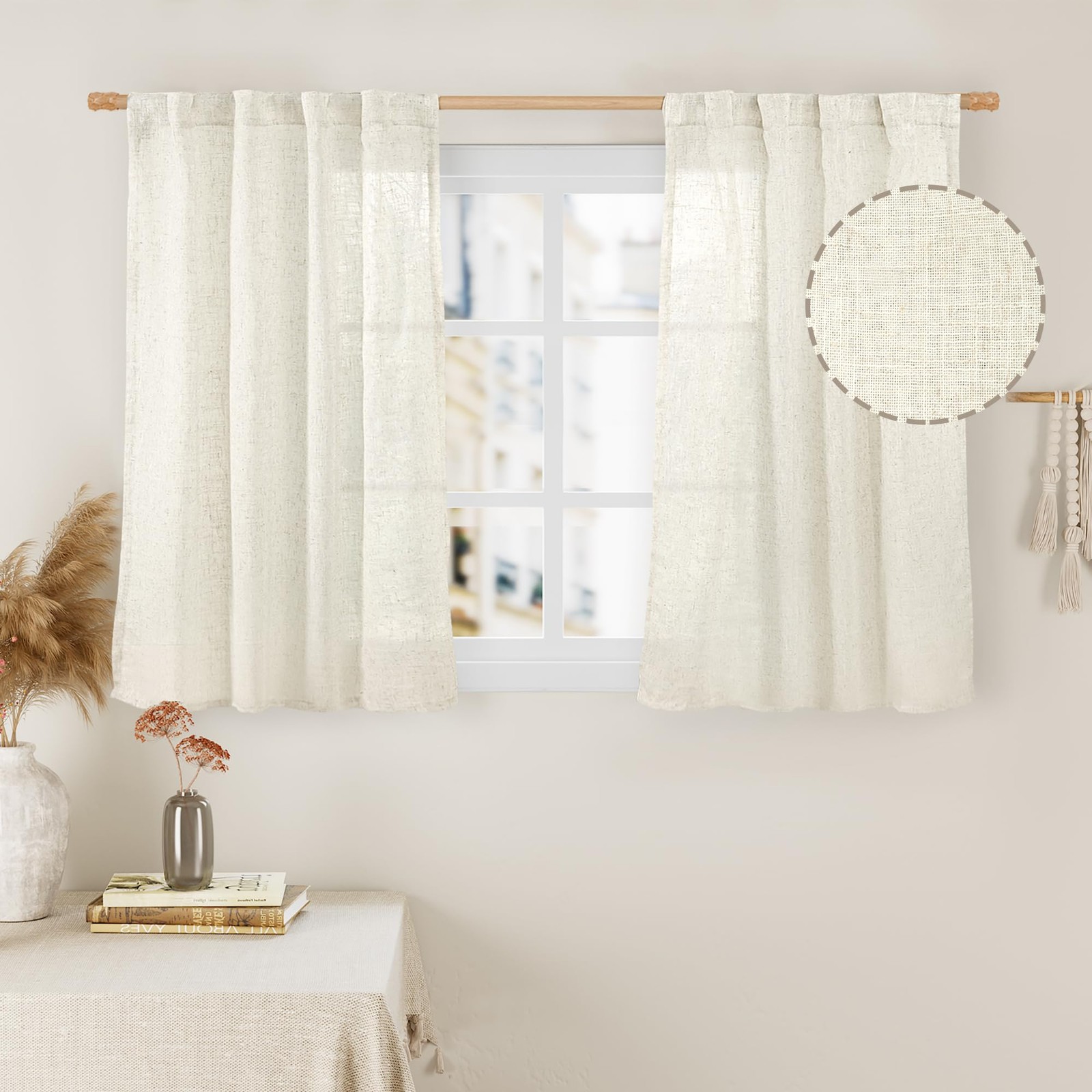 LAMIT Linen Curtains 40 Inch Length 2 Panels, Cream Ivory Semi Sheer Light Fi…