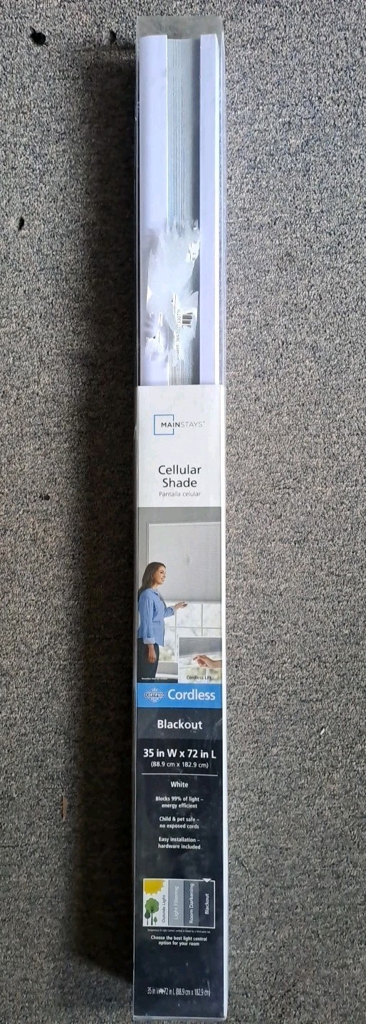 Mainstays Cordless Polyester Blackout Cellular Shade, 1-Piece,White, 35″W x 72″L