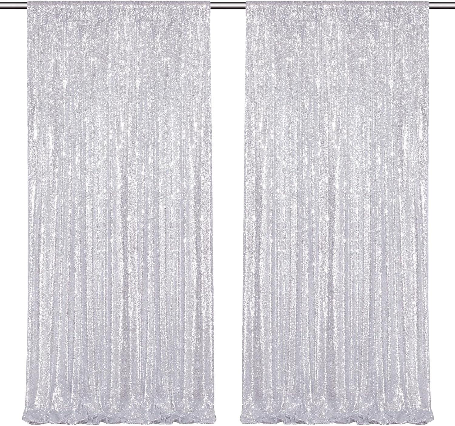 Silver Sequin Backdrop Curtains-2 Panels 4FTx8FT Silver Backdrop for Valentin…