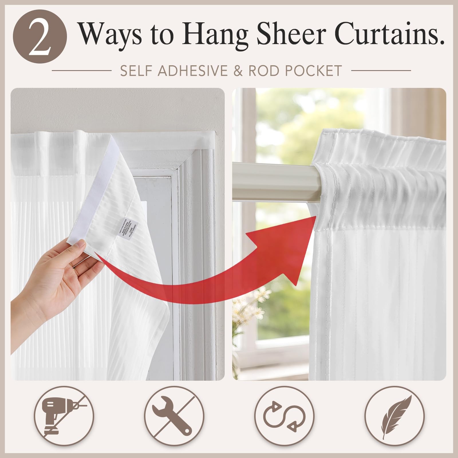 2 Panels White Kitchen Curtains 41 Inch Length Tier Curtain,Adhesive & Rod Po…