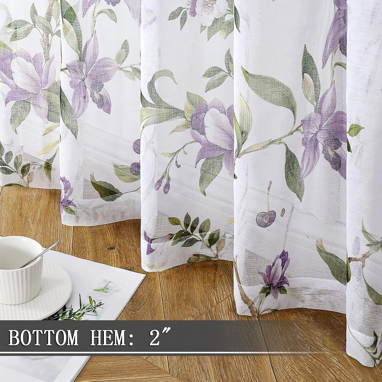 Floral Sheer Curtains Purple Cherry Flower Butterfly Print Living Room Curtain R