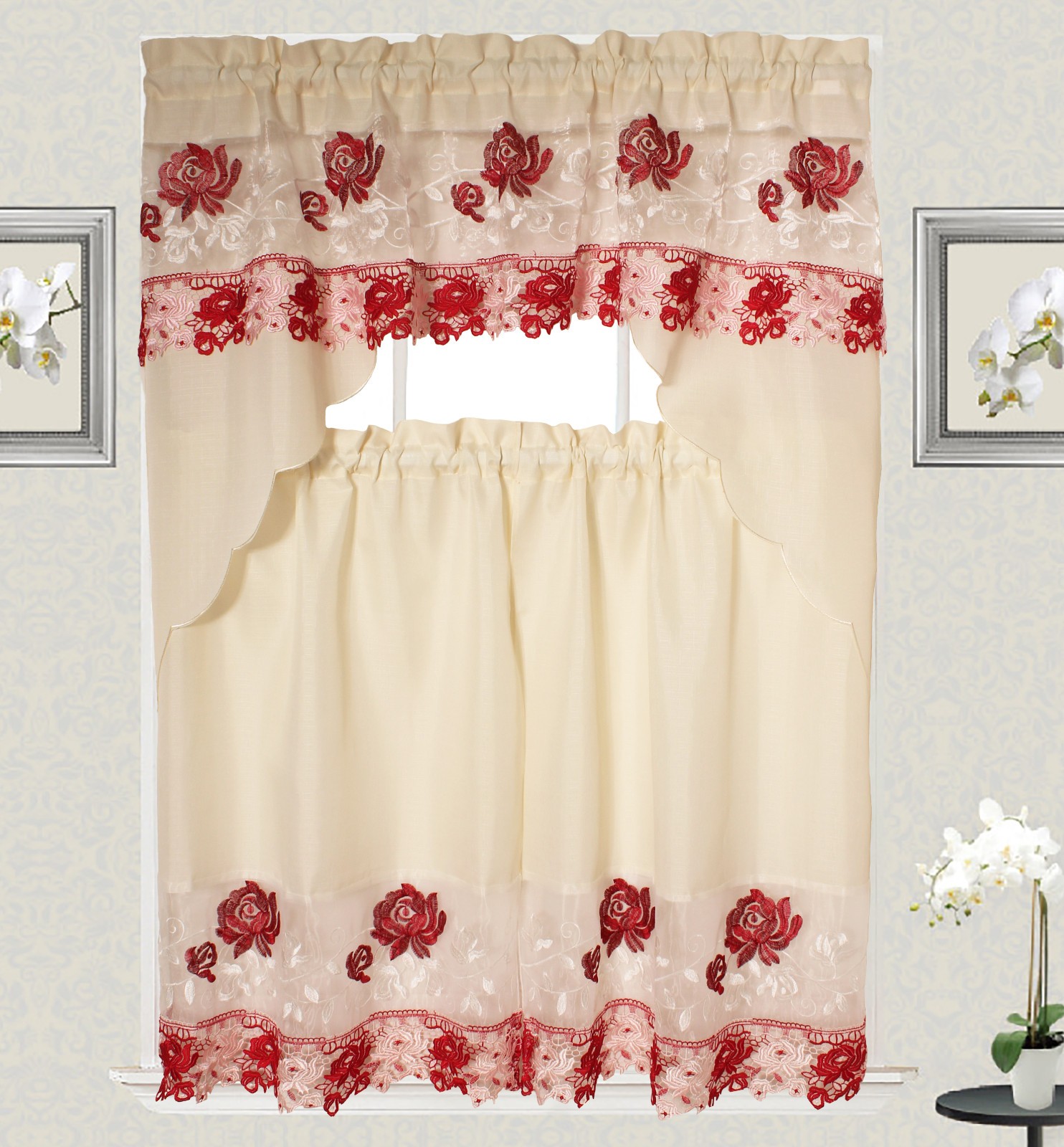 Alison Embroidery Design Kitchen Home Curtain with Swag and Tier Set 36″ x 60″