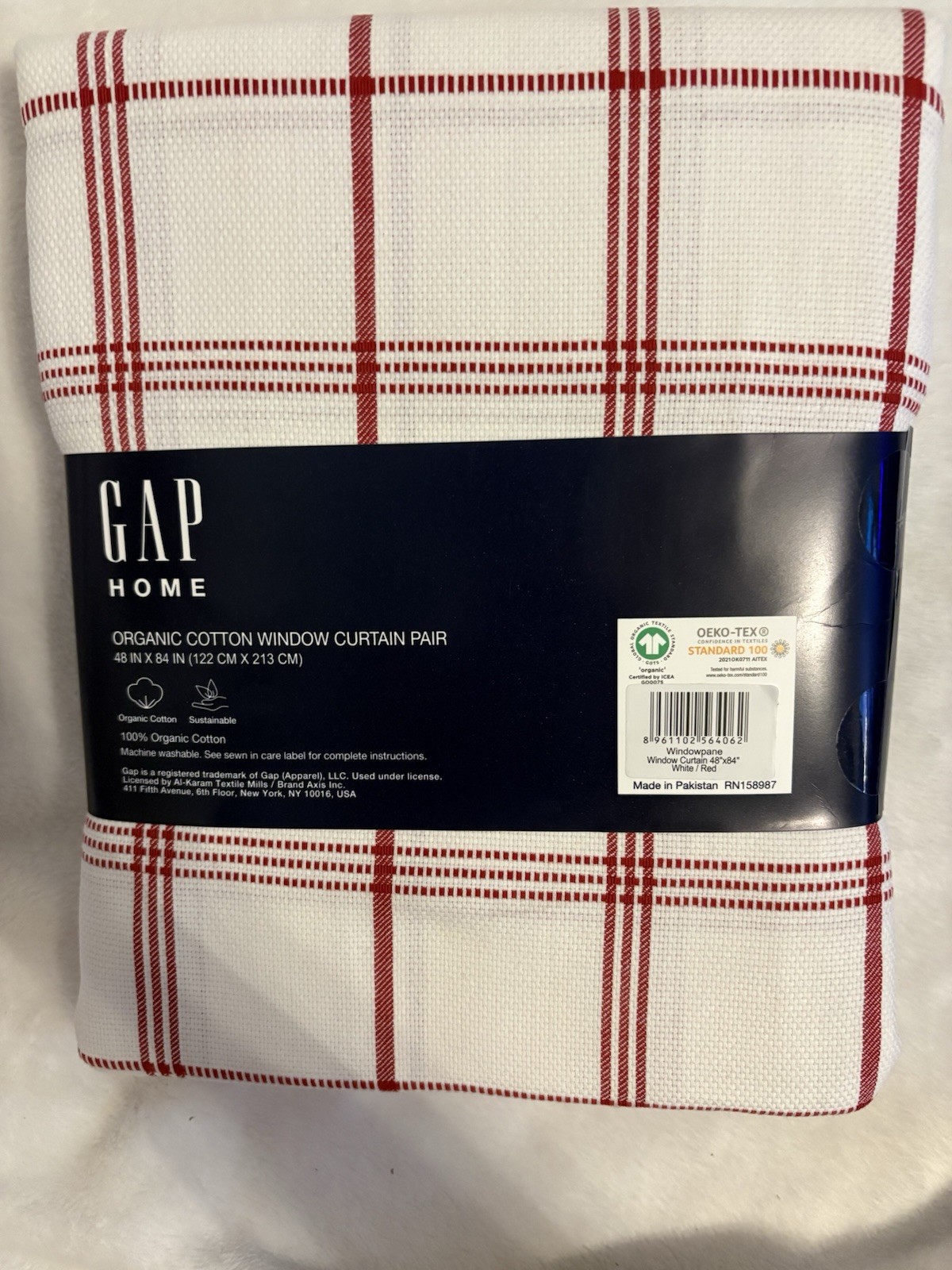 GAP HOME Organic Cotton Window Curtain Panels Pair 48×84 White/Red Plaid