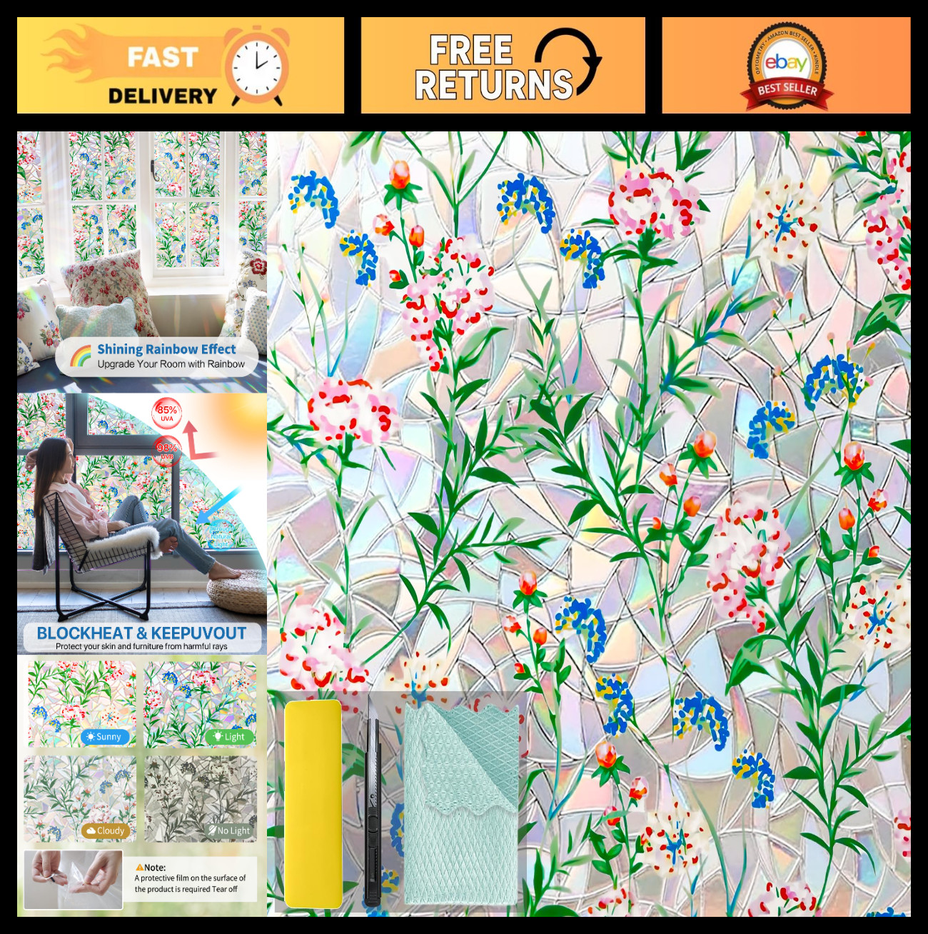 Heat Blocking Stained Glass Window Film – 3D Floral Static Cling, 23.6×78.7in