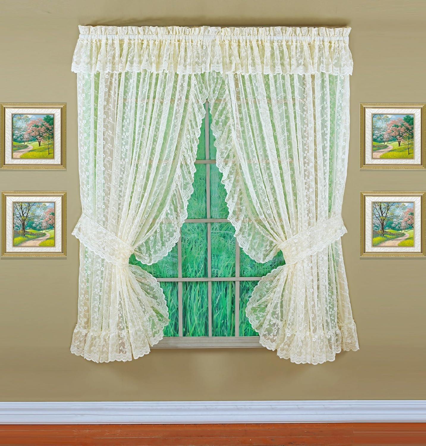 Ivory Priscilla Lace Ruffled 5-Piece Bridal Curtain Set, 84″ Length