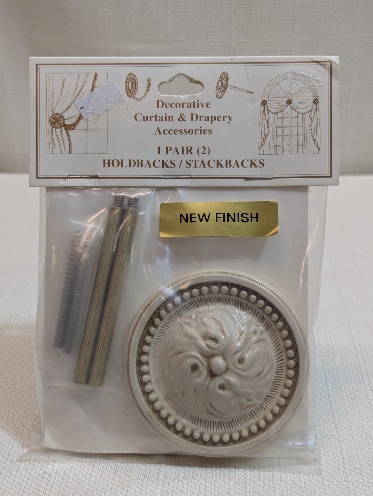 Decorative Curtain & Drapery Holdbacks/Stackbacks, Round Metal w/Dots in Ivory