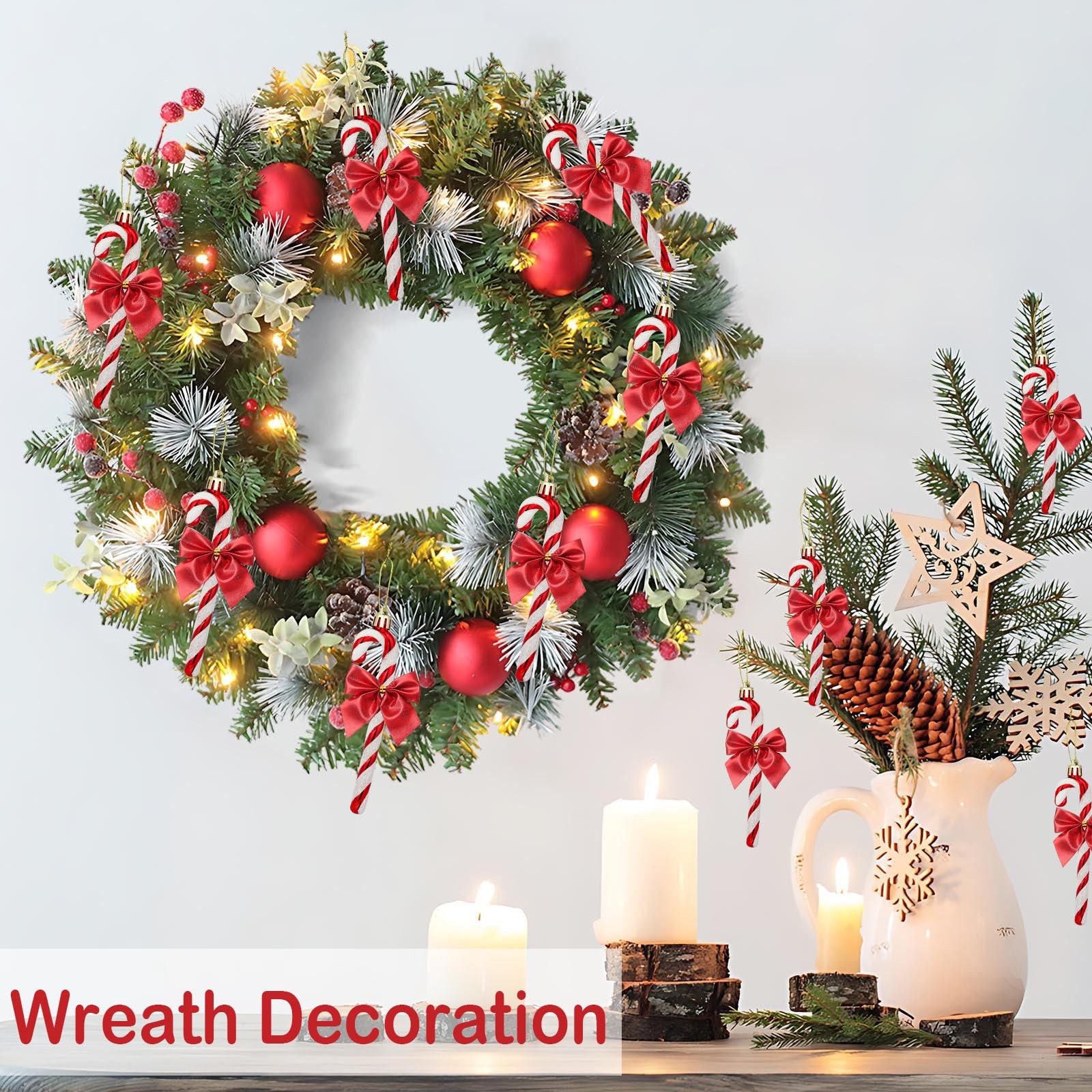 12 PCS Candy Cane Christmas Tree Decorations Ornaments Glitter Bows Red Decor