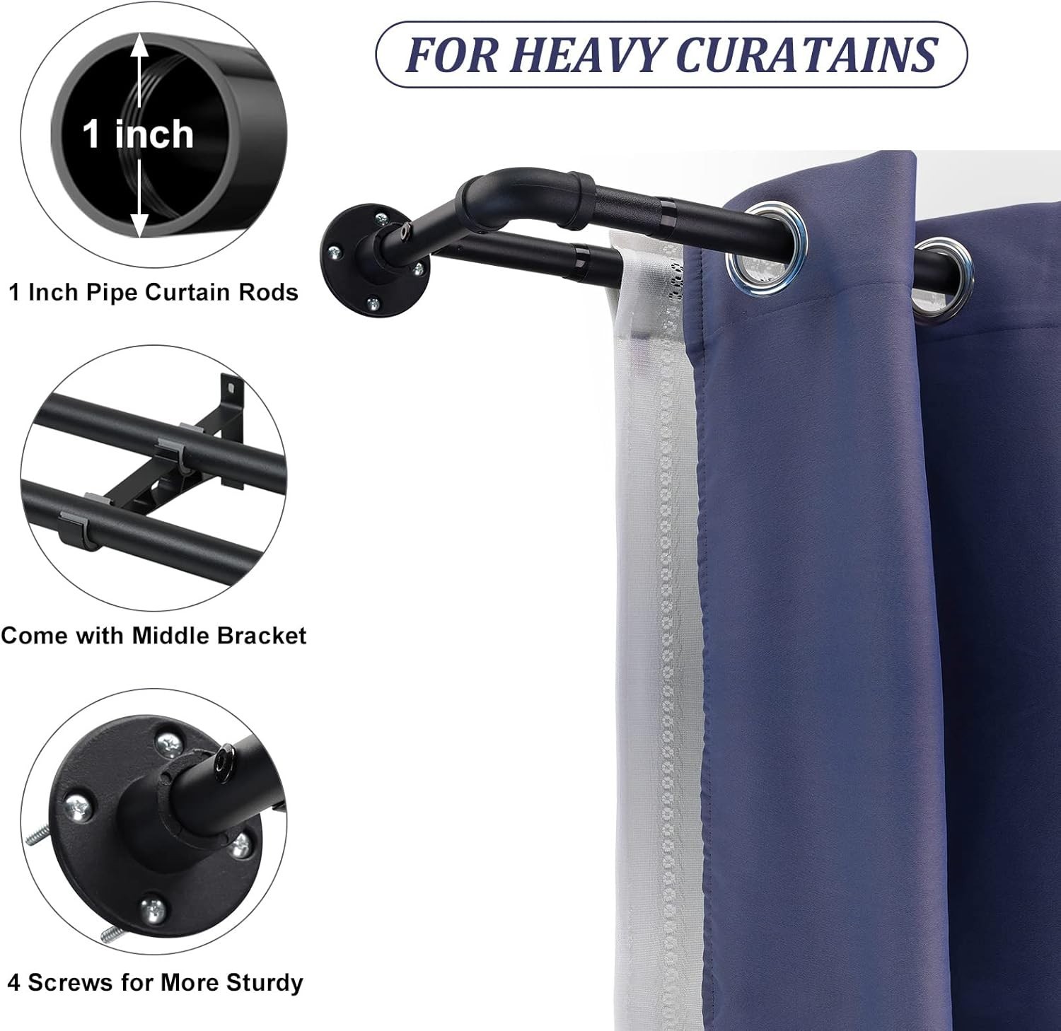 Heavy Duty Double Curtain Rod for Windows 66-120”, 1 inch Industrial Black Do…
