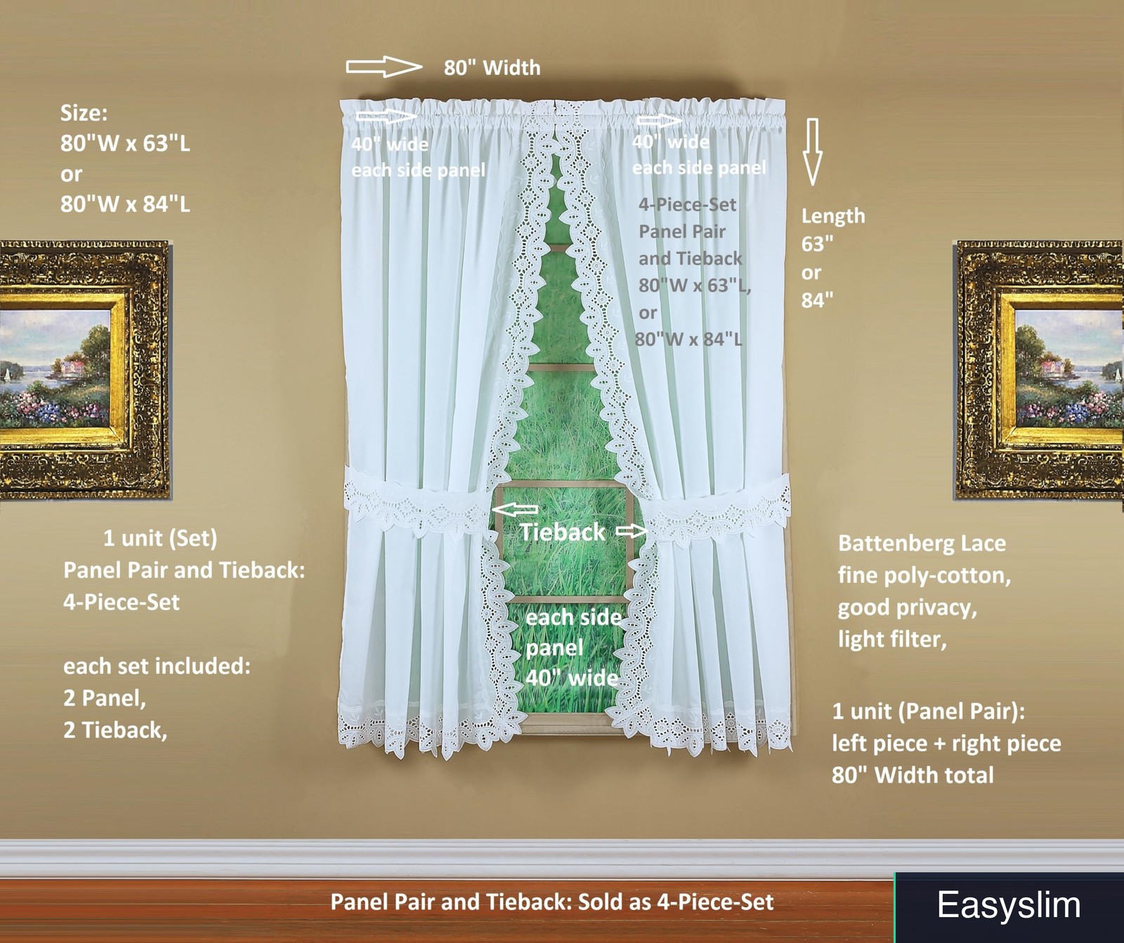 Curtain Panel Pair 80×84 Inch White Battenberg Eyelet 4 Piece Set