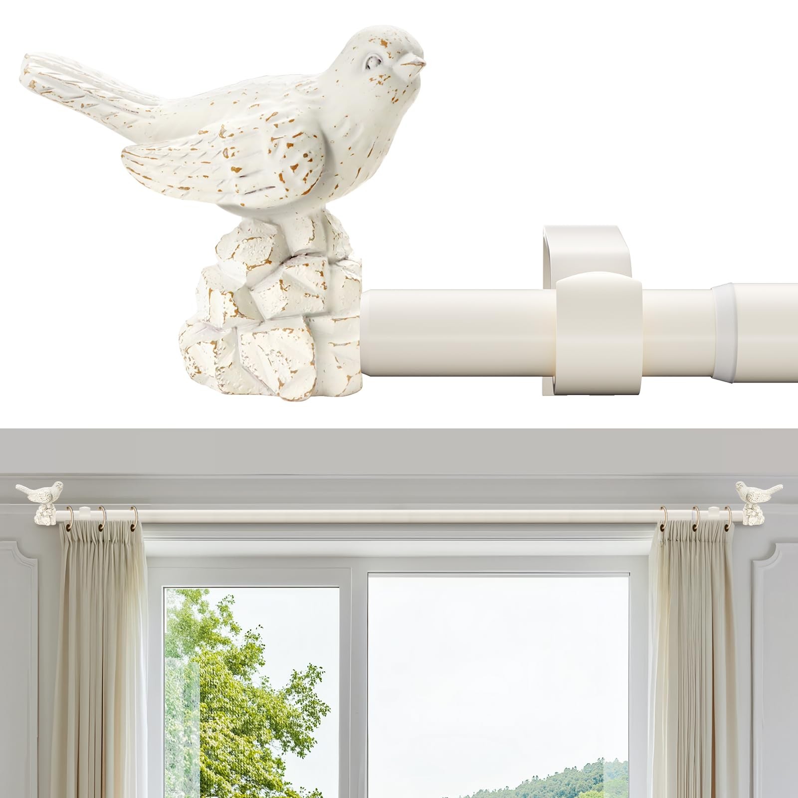 Adjustable White Curtain Rod 36-120″ with Bird Finials for Heavy Duty Use