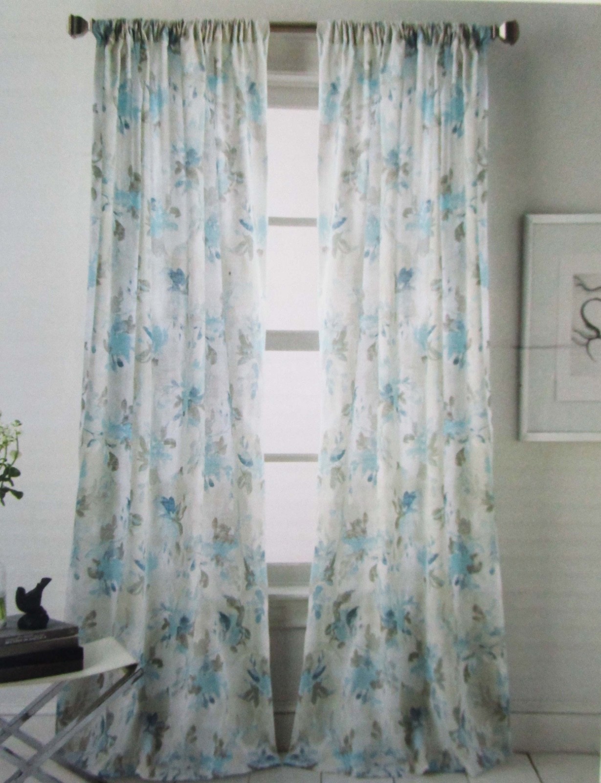 2 DKNY FLORAL SPLASH Curtain Panels 50x 84” Aqua Grey White COTTON Set
