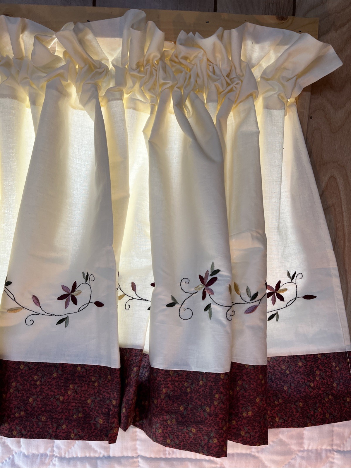 Cotton Window Valance Off White w/ Maroon Floral design 82” X 20.5” Lot of (3)