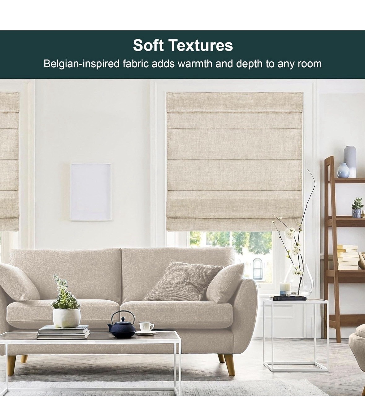 Cordless Roman Shade, Light Filtering Privacy Liner, Textured Belgian Flax Fa…