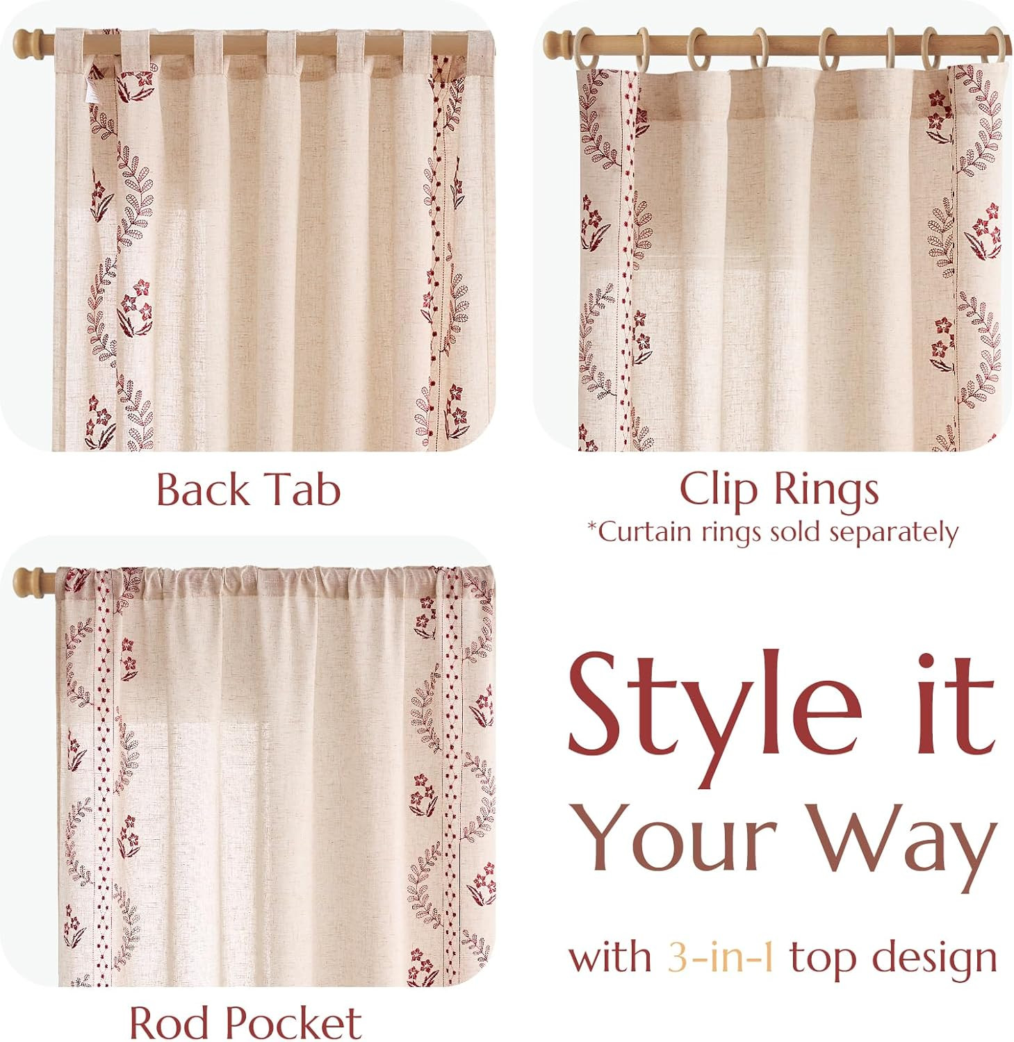 jinchan Belrose Linen Curtains for Bedroom Floral Curtains 63 Inch Length Linen