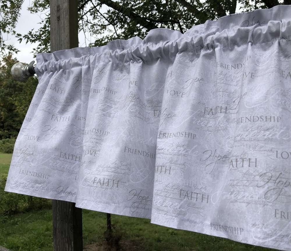 Christian Bible Scripture on Gray Kitchen Valance – Farmhouse Country Curtain