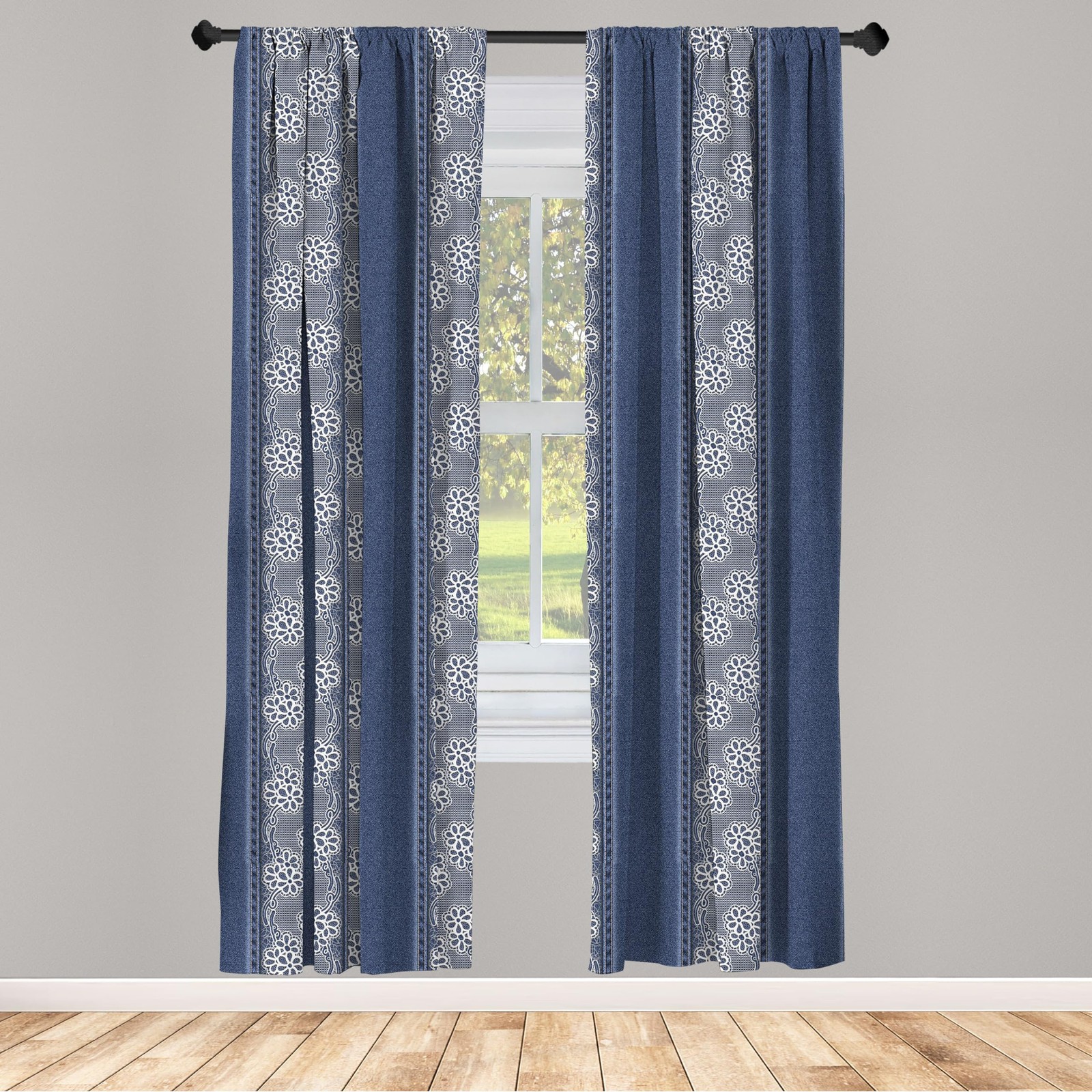 Floral Curtains, Jeans Background Plain Flower Motifs Pattern Denim Themed Di…