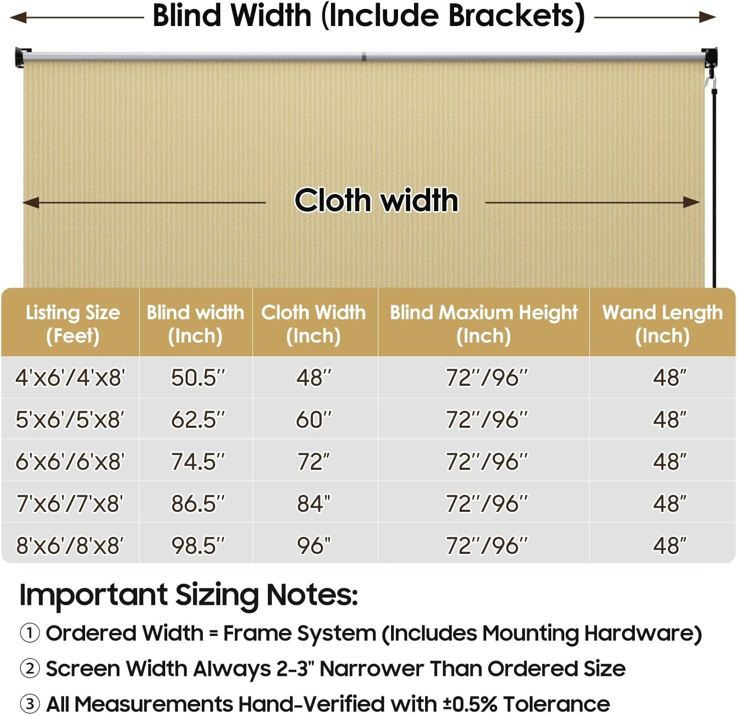 60″ W x 96″ L Roll Up Blinds – Patio Shades with Windproof Bungee tie, 90% UV