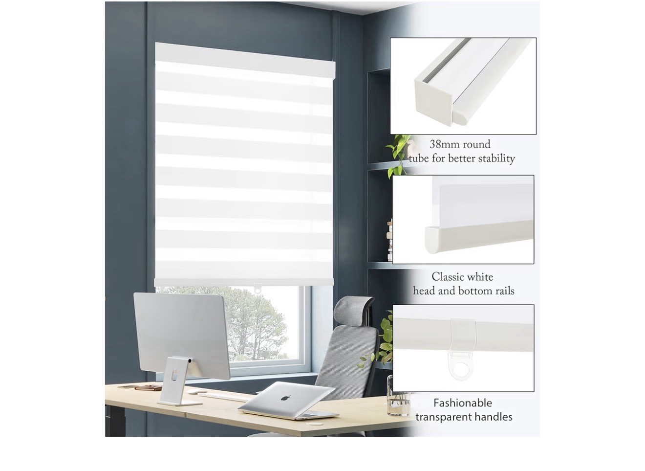 Cordless Window Roller Shades Free-Stop Dual Layer Zebra Blinds-White- 34”W 64”H