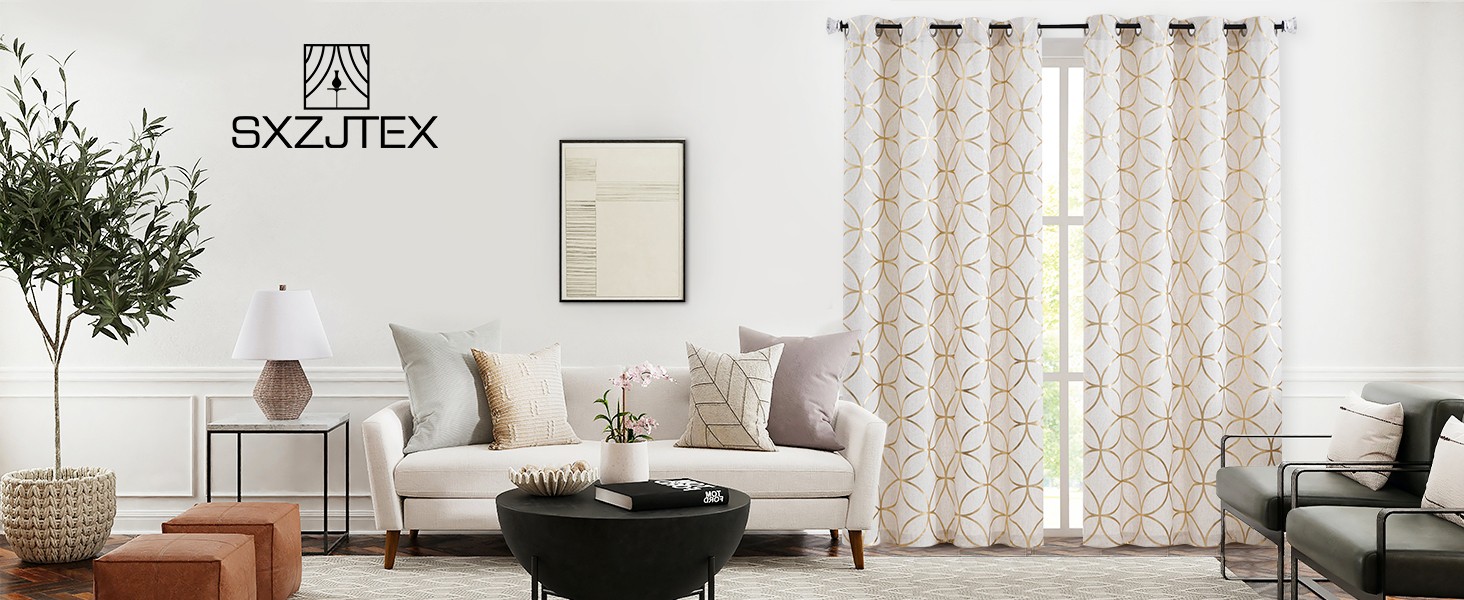 Gold Foil Print Linen Curtains Metallic Moroccan Cream Semi Sheer Curtains for
