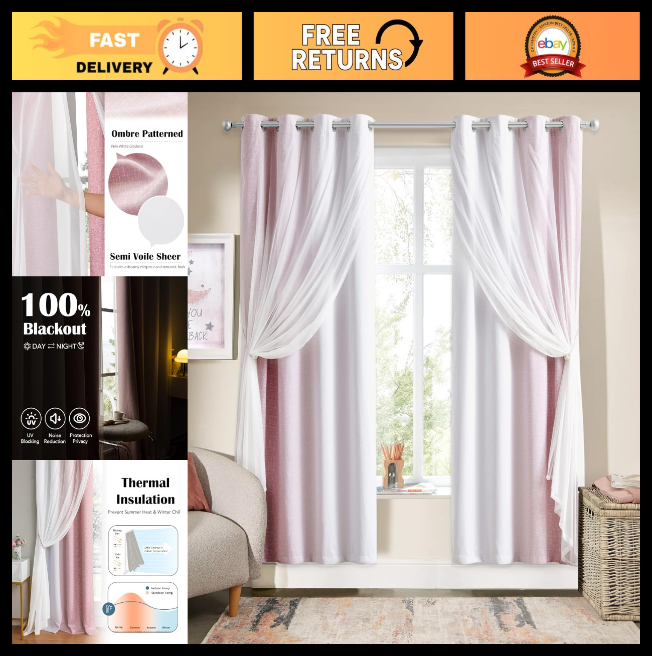 100% Blackout Curtains with Sheer Overlay, 72″ Double Layer Drapes, 2 Panels, Pi