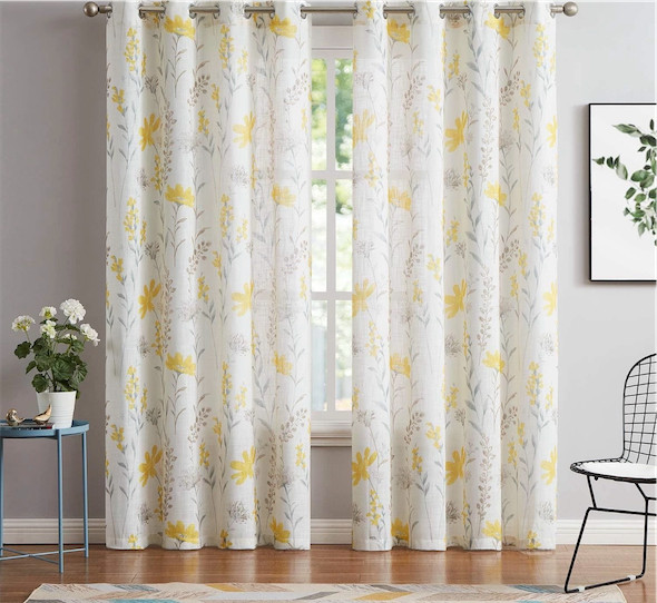 Printed Sheer Curtains Linen Textured for Living Room Floral Leaf Design Farmhou