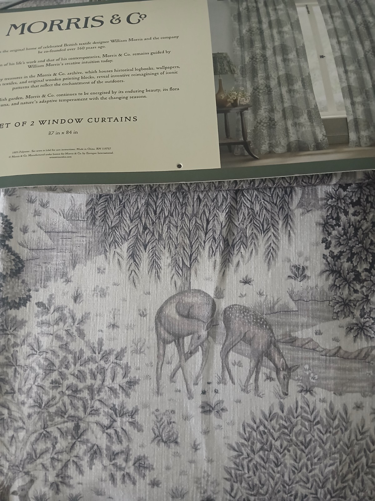 Set 2 Morris & Co The Brook Deer Forest Gray Back Tab Top Curtain 84”