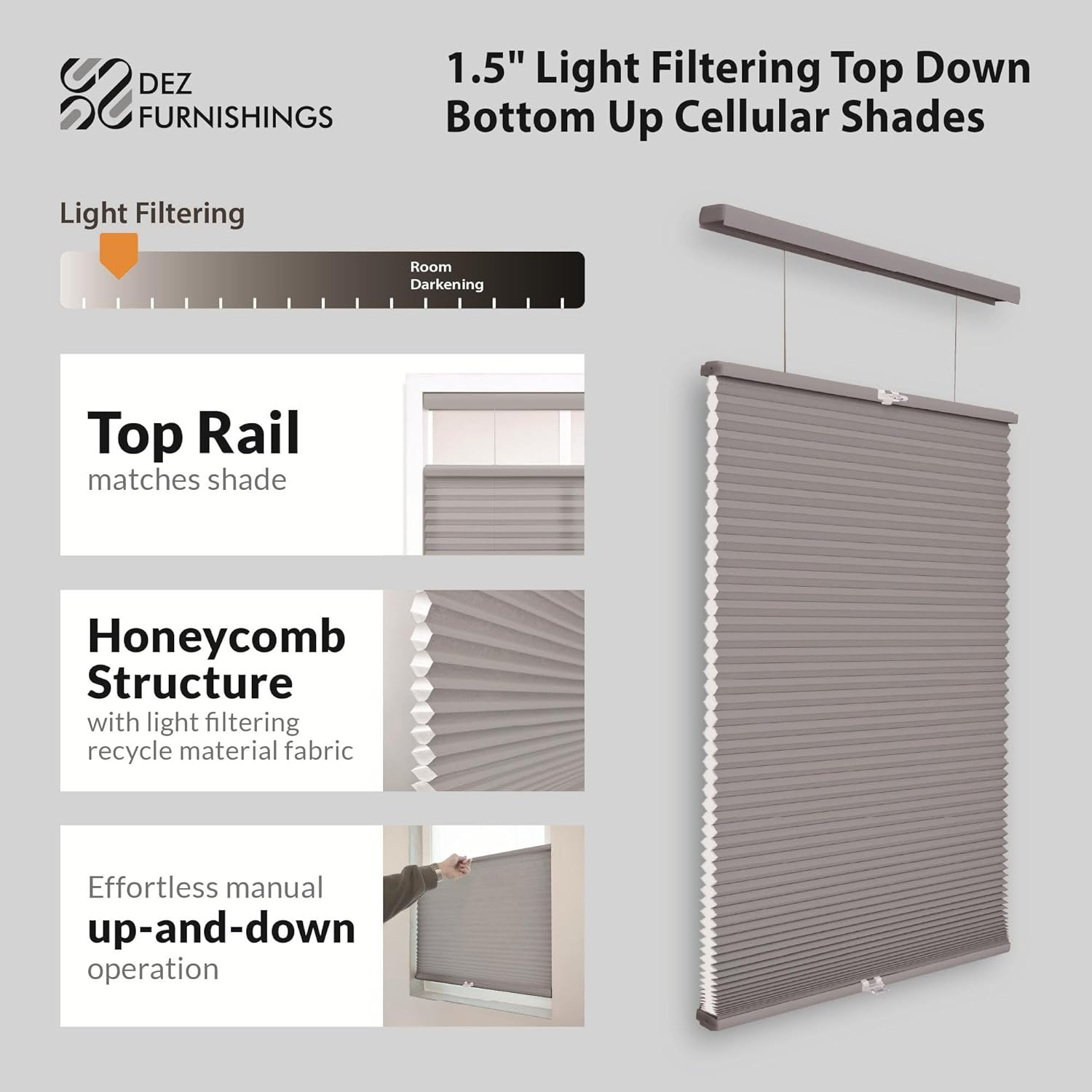 Cordless 1.5″ Light Filtering Cellular Shade, 46″ W X 60″ H, Anchor Gray