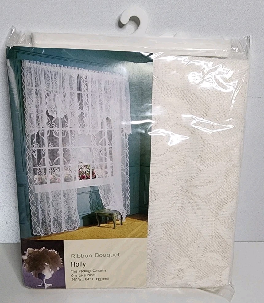 VINTAGE PAIR PANELS LACE CURTAIN HOLLY RIBBON BOUQUET 46×84 EGGSHELL NEW in PKG