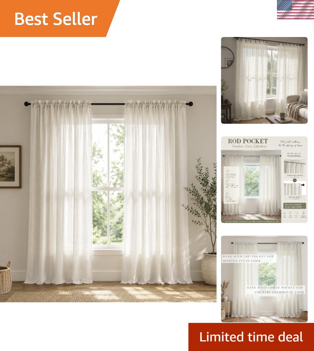 Cream Linen Semi-Sheer Curtains – Stylish 84″ Rod Pocket Panels for Modern Homes
