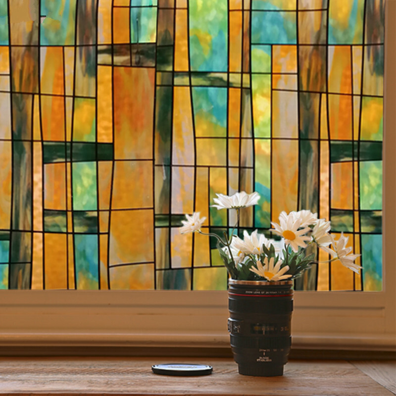 Static Cling Window Films Geometric Stained Opaque Glass Sticker No Glue Retro