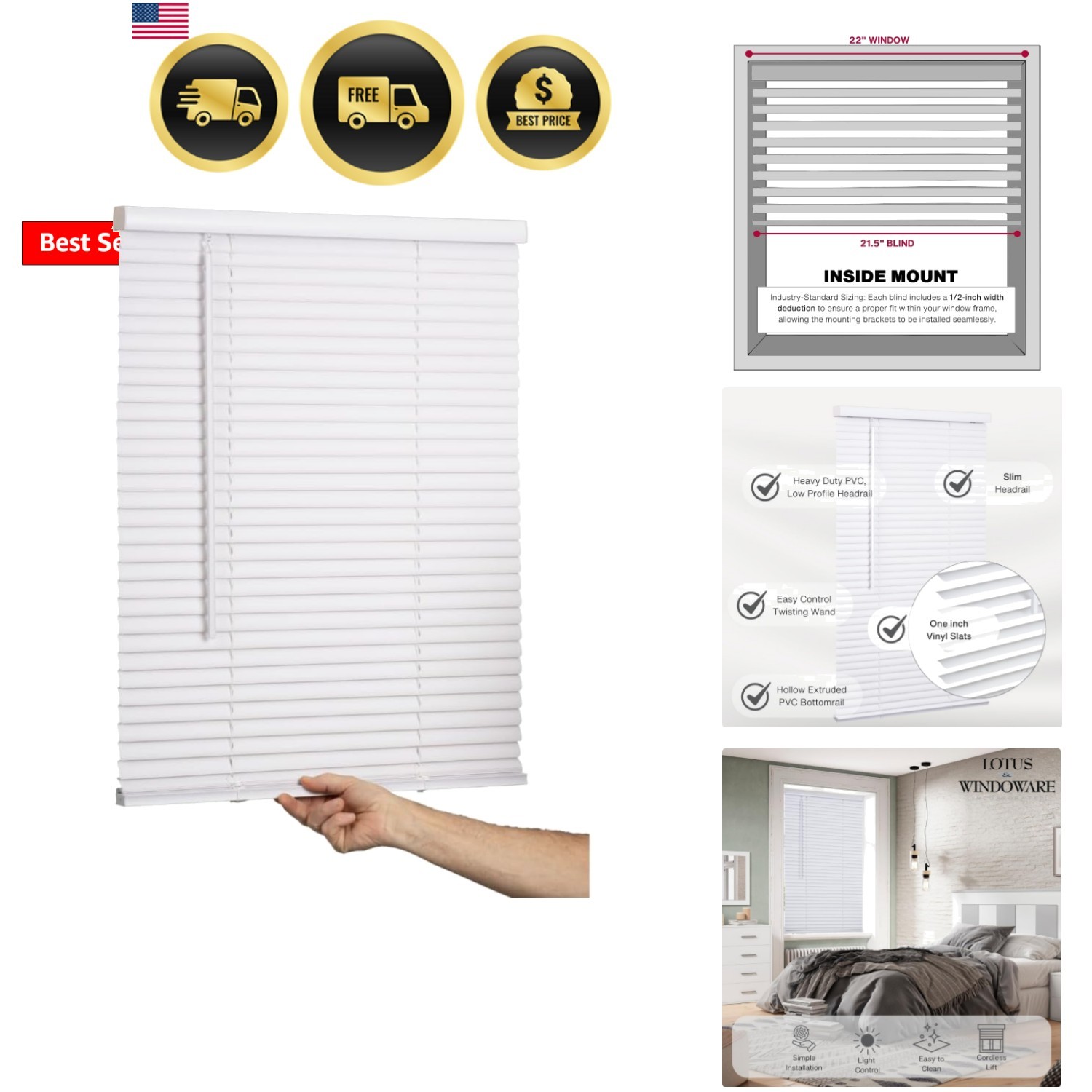 Cordless Mini Blind, 1″ Vinyl Slats, 22″ Wide x 36″ Long – White, Window Blin…