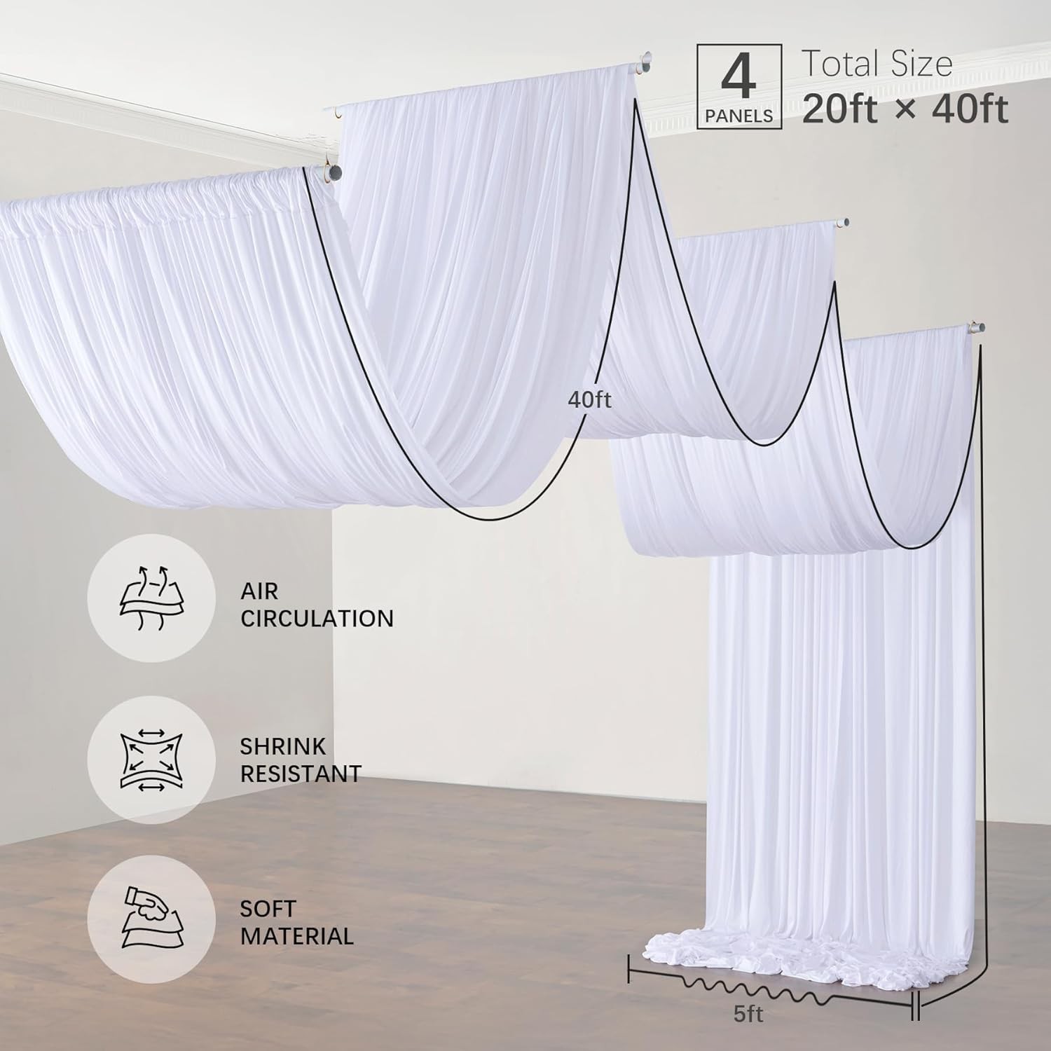 20ftx40ft White Ceiling Curtain for Wedding Parties – 4 Panels Wrinkle-40 FT