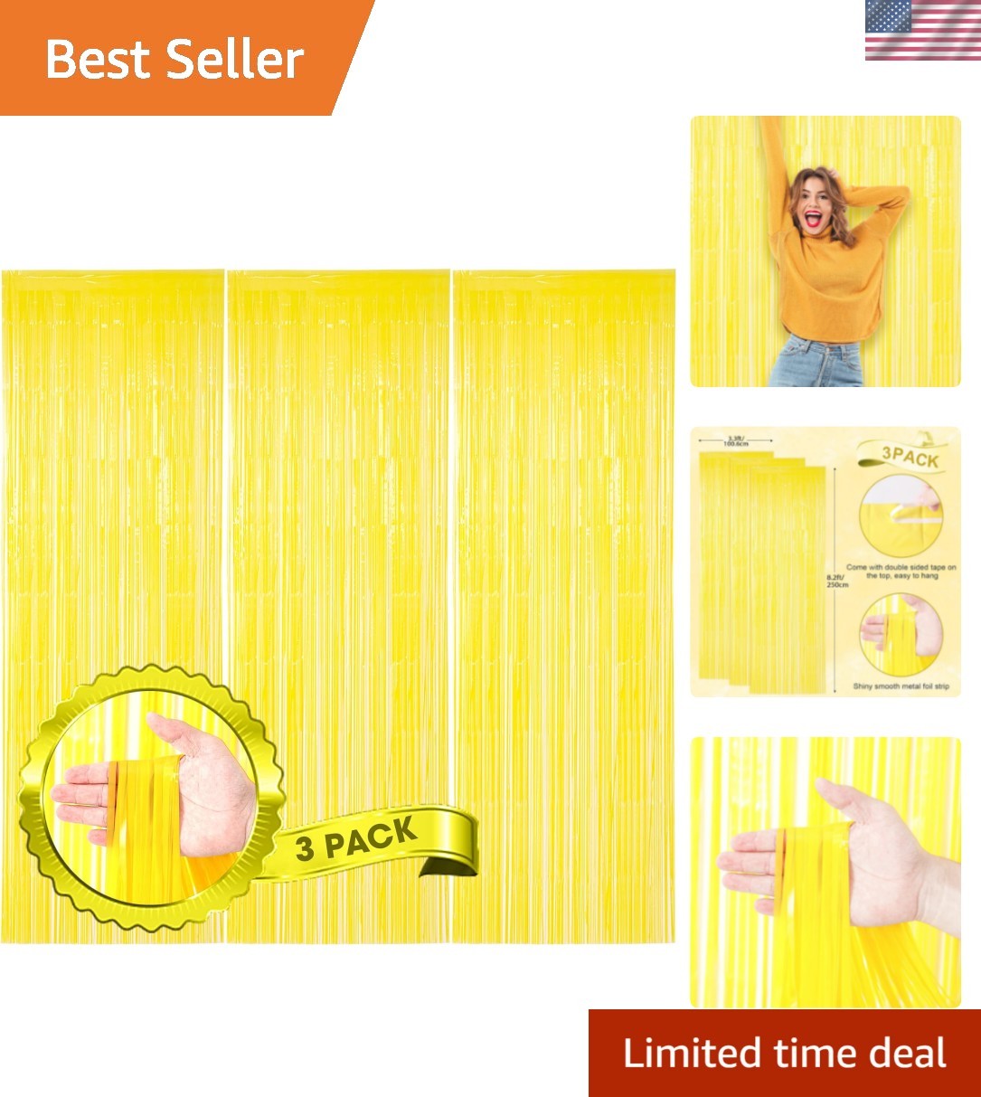 3 Pack 3.3 x 8.2 ft Pastel Yellow Foil Fringe Backdrop Curtains, Tinsel Strea…
