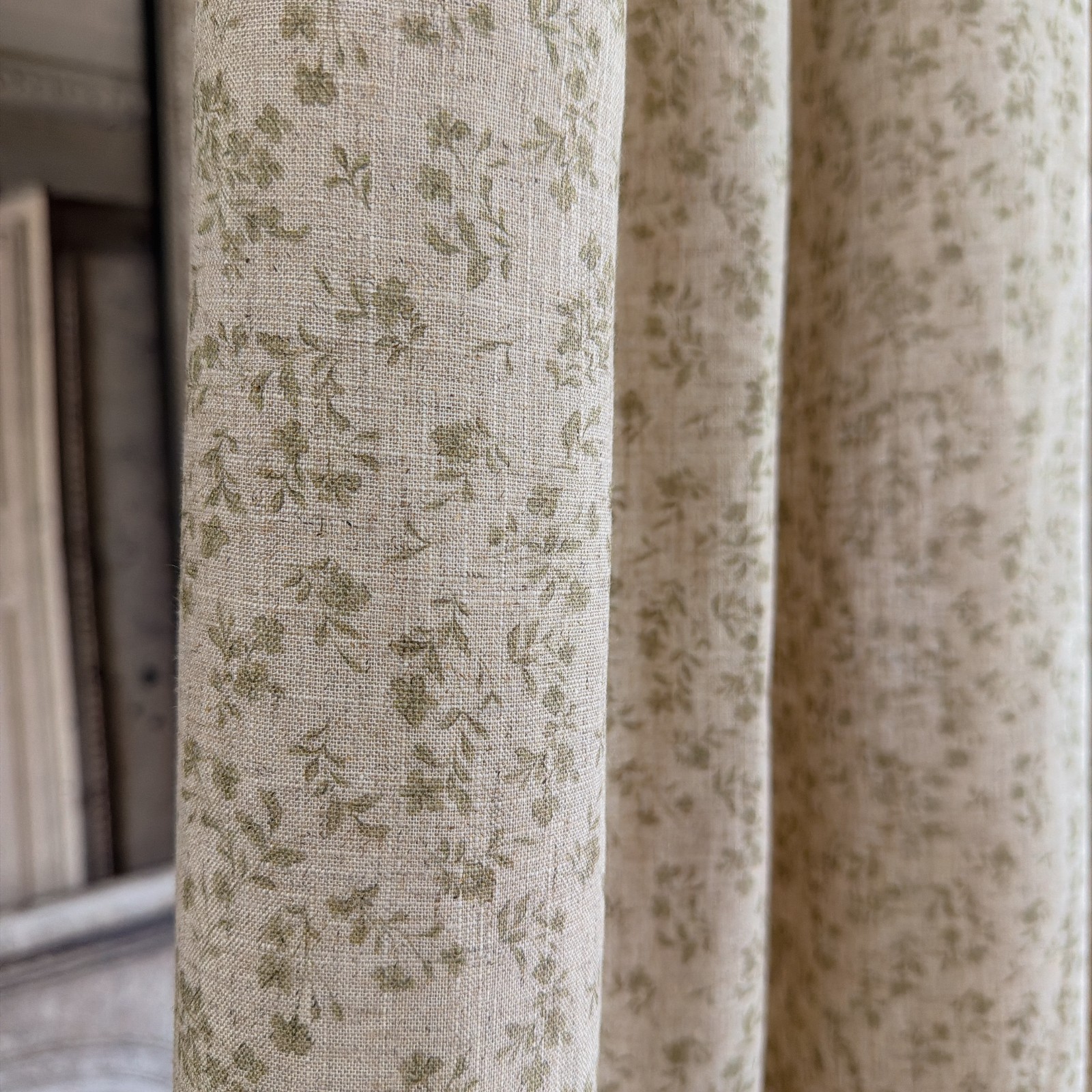 Handcrafted Olive Green Floral Linen Blend Curtains Custom Drapery Panels