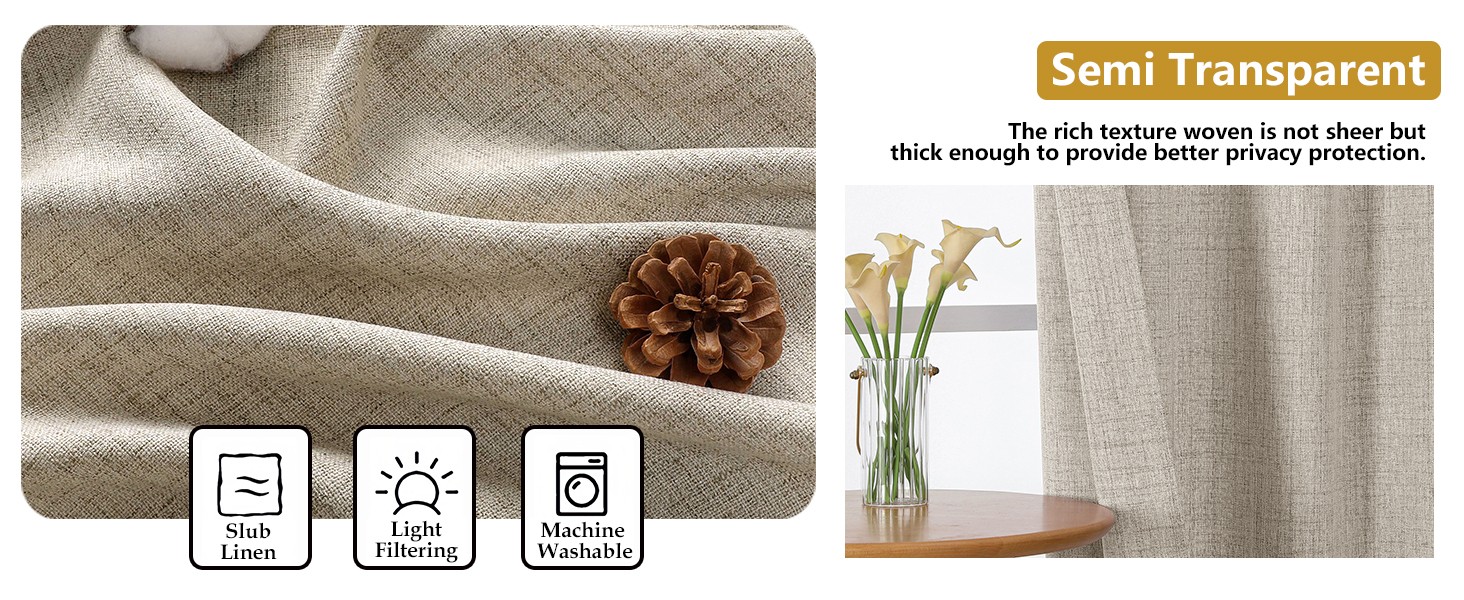 Linen Cafe Curtains 36 Inch Length 2 Panels Set, Light Filtering Textured Short