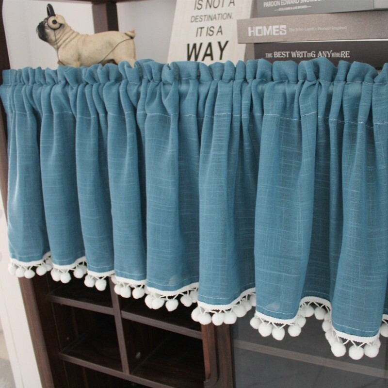 Ruffled Cafe Curtain Pompoms Balls Trim Home Kitchen Half Curtains Village Decor