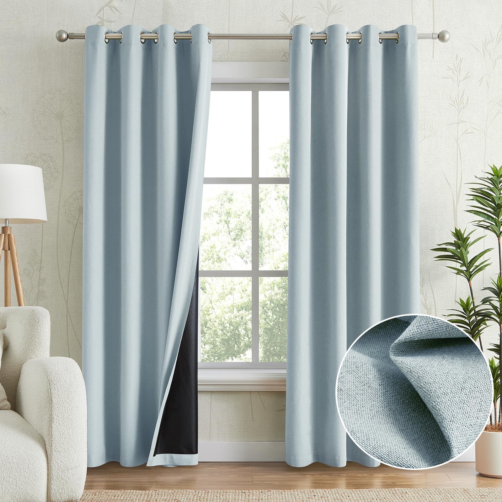 Light Blue 100% Blackout Curtains for Bedroom, Thermal Insulated Linen Look G…