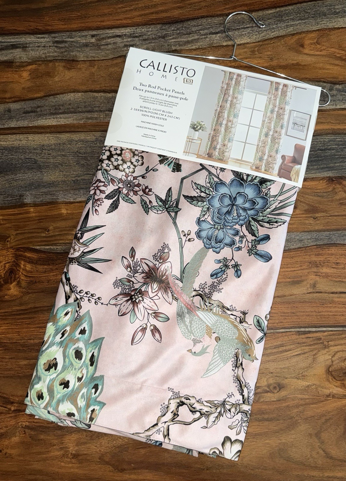 Callisto Home PEACOCK FLORAL Window Pink Curtains 2 Panel Set 38×96″ LIGHT BLUSH