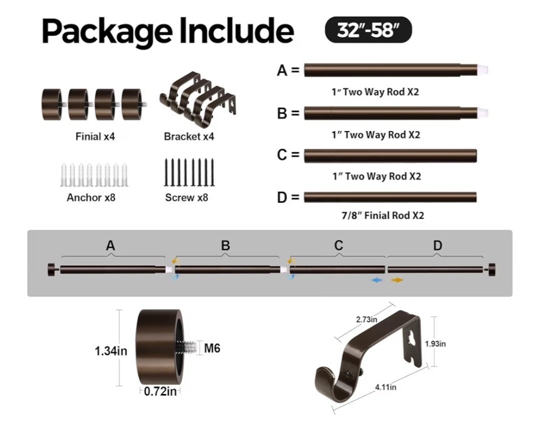Kamanina 2-Pack Curtain Rods 32″-58″ Bronze/Brown 1″ Rod Adjustable Holds 33lbs