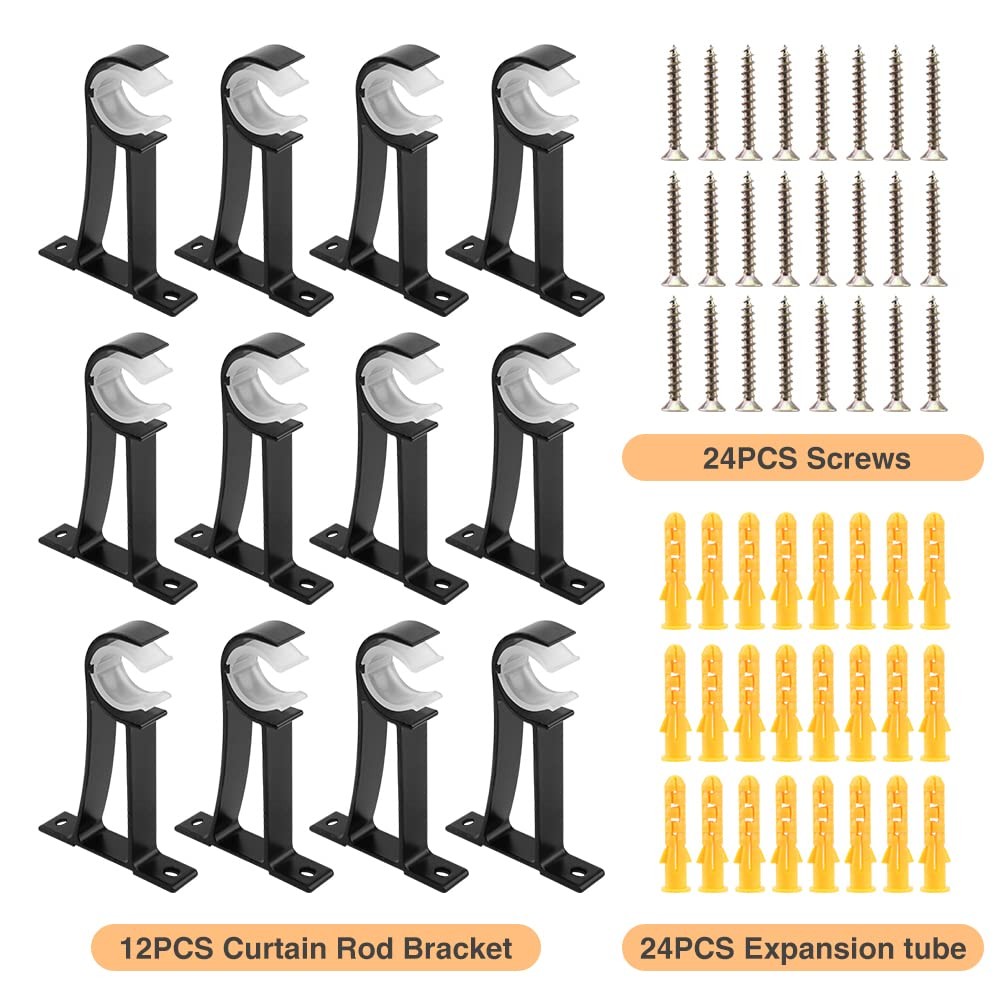 Curtain Rod Brackets, Set of 12, Aluminium Alloy, Wall & Ceiling Mount, Black